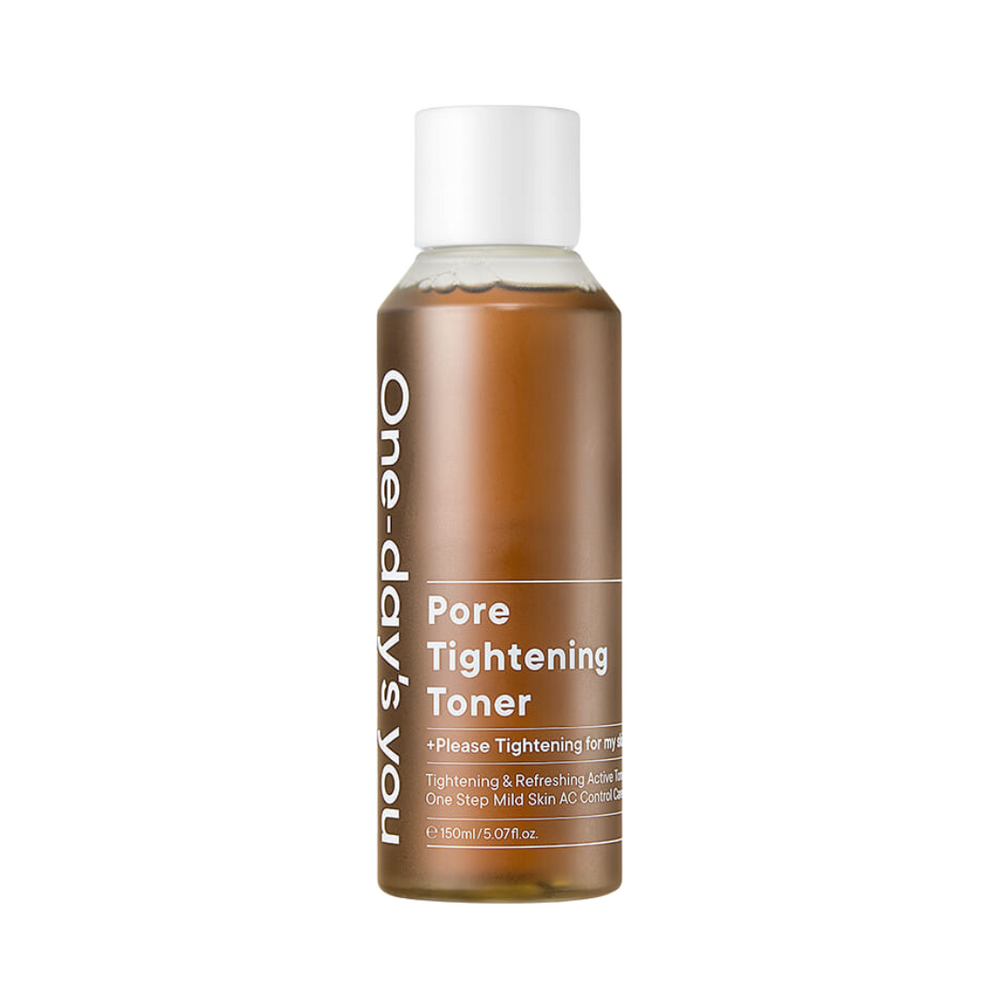 Brun flaske med hvidt låg, mærket "One-day's you - Pore Tightening Toner."