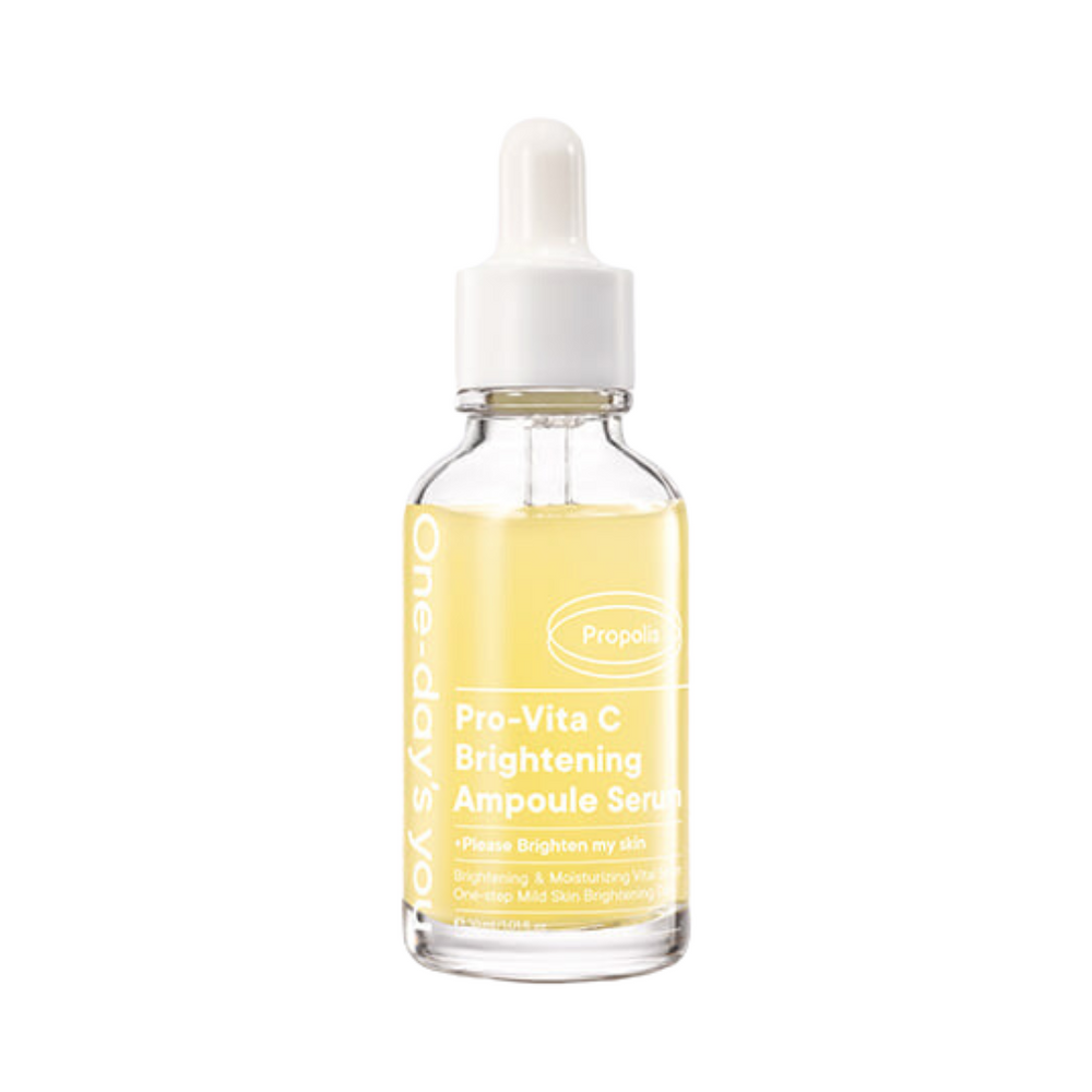 Klar flaske med hvid dråber. Indeholder gul væske. Tekst: "Pro Vita-C Brightening Ampoule Serum".