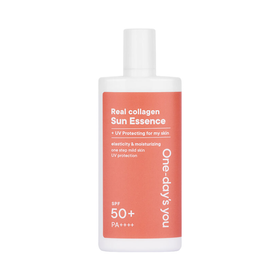 Flaske med "Real Collagen Sun Essence", SPF 50+ PA++++, på orange etiket.
