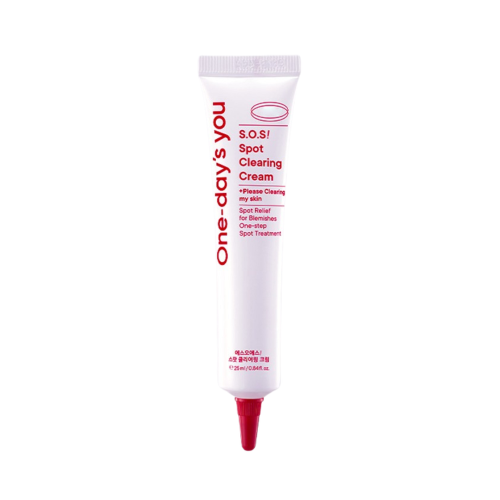Hvid tube med rød tekst: "One-day's you - S.O.S! Spot Clearing Cream", rød hætte.
