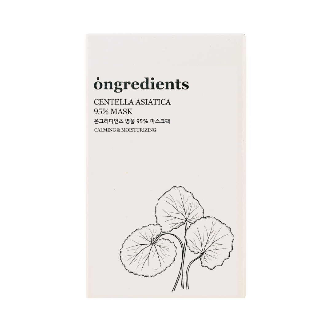 Pakke med "Ongredients Centella Asiatica 95% Mask", bladskitse, beroligende og fugtgivende.