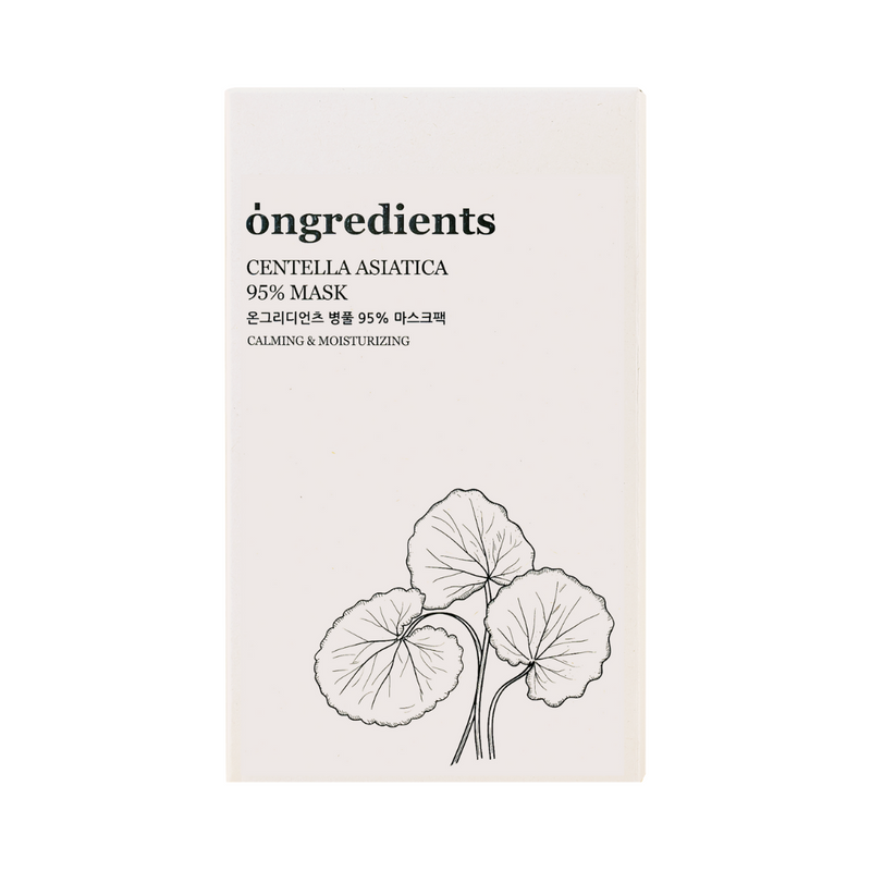 Pakke med "Ongredients Centella Asiatica 95% Mask", bladskitse, beroligende og fugtgivende.