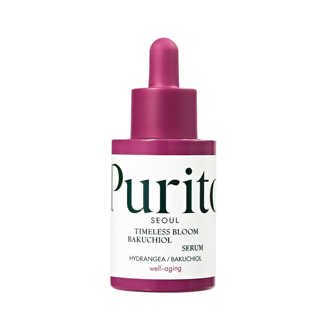 Serumflaske med lilla pipette, hvid etiket med "Purito" og "Timeless Bloom Bakuchiol Serum".