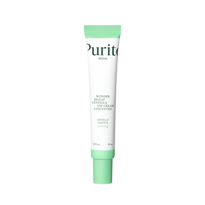 Hvid tube med mintgrøn hætte, Purito SEOUL Wonder Releaf Centella Eye Cream Unscented, 30 ml.