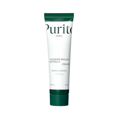 Hvid tube med grønne detaljer, mærket "Purito SEOUL Wonder Releaf Centella Cream."