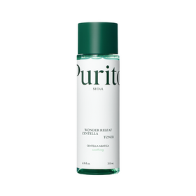 Flaske med grøn hætte, etiket med "Purito SEOUL" og "Wonder Releaf Centella Toner", 200 mL.