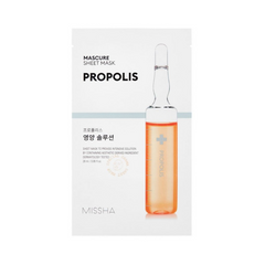 Pakke med Missha Mascure Nutrition Sheet Mask Propolis, viser en orange ampul og tekst på koreansk.