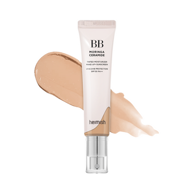 Tube af Heimish Moringa Ceramide BB Cream med en lys medium farvesmear bagved.