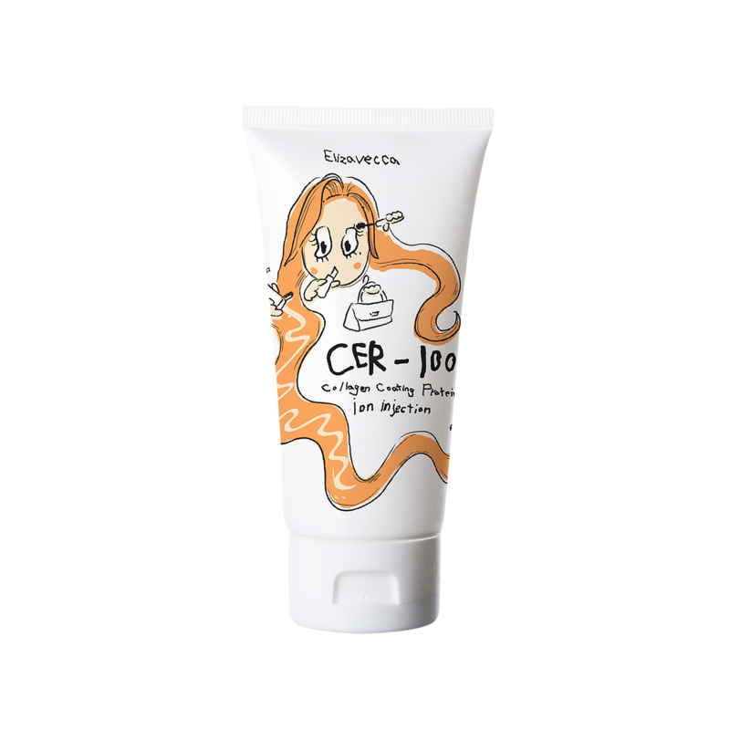 Hvid tube med tegneseriefigur og teksten "CER-100" og "Collagen Coating Protein Ion Injection".