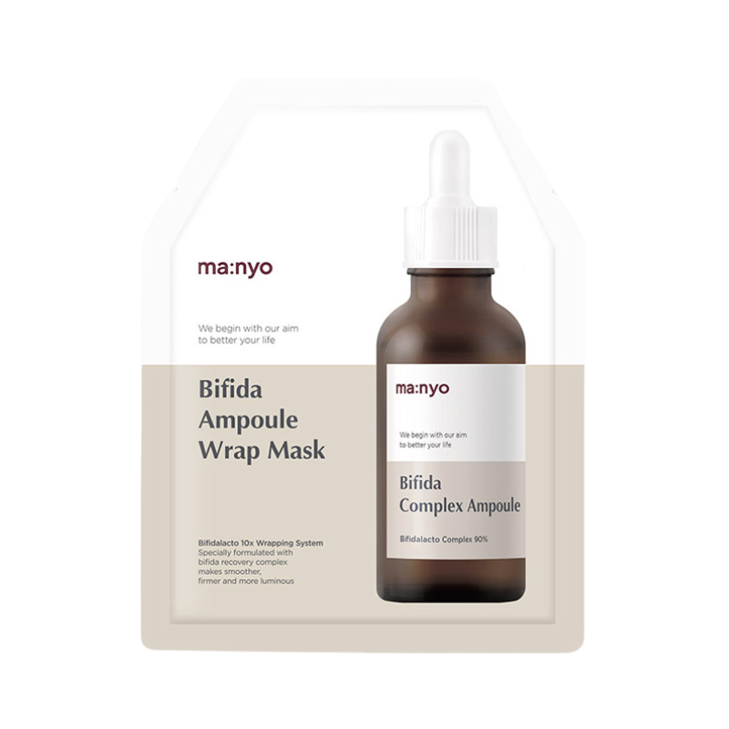 Brunt flaske med hvidt label og pipette, ma:nyo Bifida Ampoule Wrap Mask på pakken.