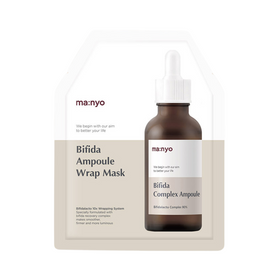 Brunt flaske med hvidt label og pipette, ma:nyo Bifida Ampoule Wrap Mask på pakken.