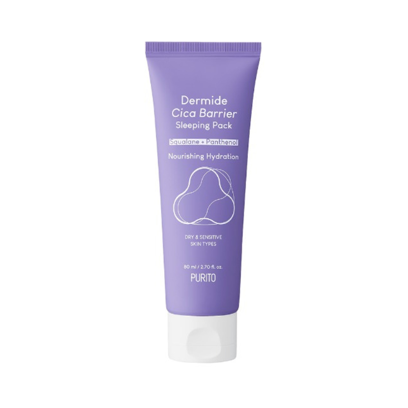 Lilla tube med hvid tekst: "Dermide Cica Barrier Sleeping Pack" til tør og sensitiv hud.