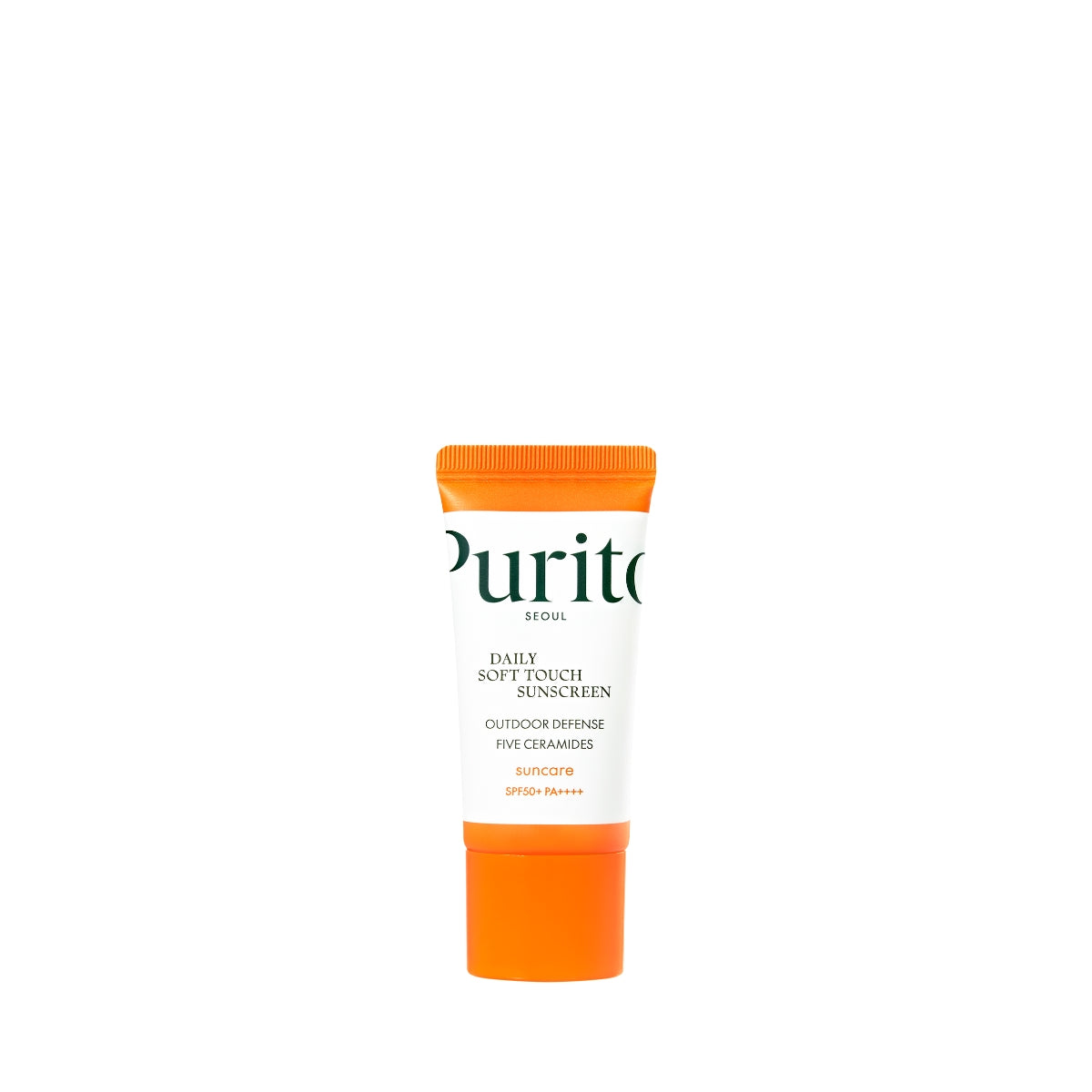 Tuben er hvid med orange låg, mærket "Purito SEOUL Daily Soft Touch Sunscreen SPF50+ PA++++".