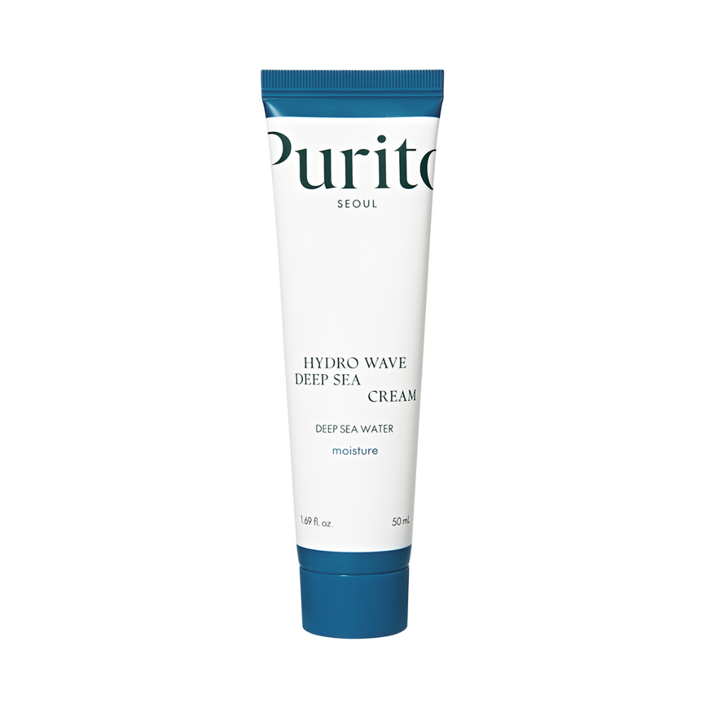 Hvid tube med blå hætte og tekst: "Purito Hydro Wave Deep Sea Cream", 50 ml.