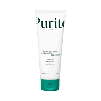 Hvid tube med grøn tekst "Purito SEOUL Mighty Bamboo Panthenol Cleanser" og grøn hætte.