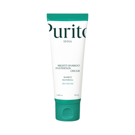 Hvid tube med grøn hætte, tekst "Purito SEOUL - Mighty Bamboo Panthenol Cream", 100 ml.