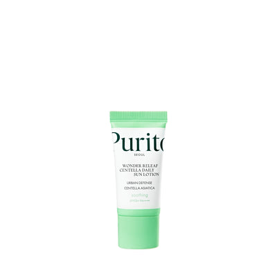 Lille tube med hvid og grøn emballage. "Purito Wonder Releaf Centella Daily Sun Lotion" står på den.