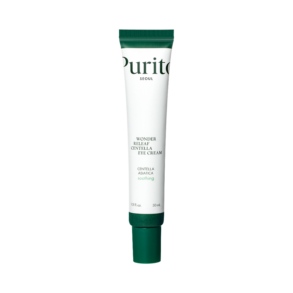 Hvid tube med grøn hætte, mærket "Purito SEOUL Wonder Releaf Centella Eye Cream."