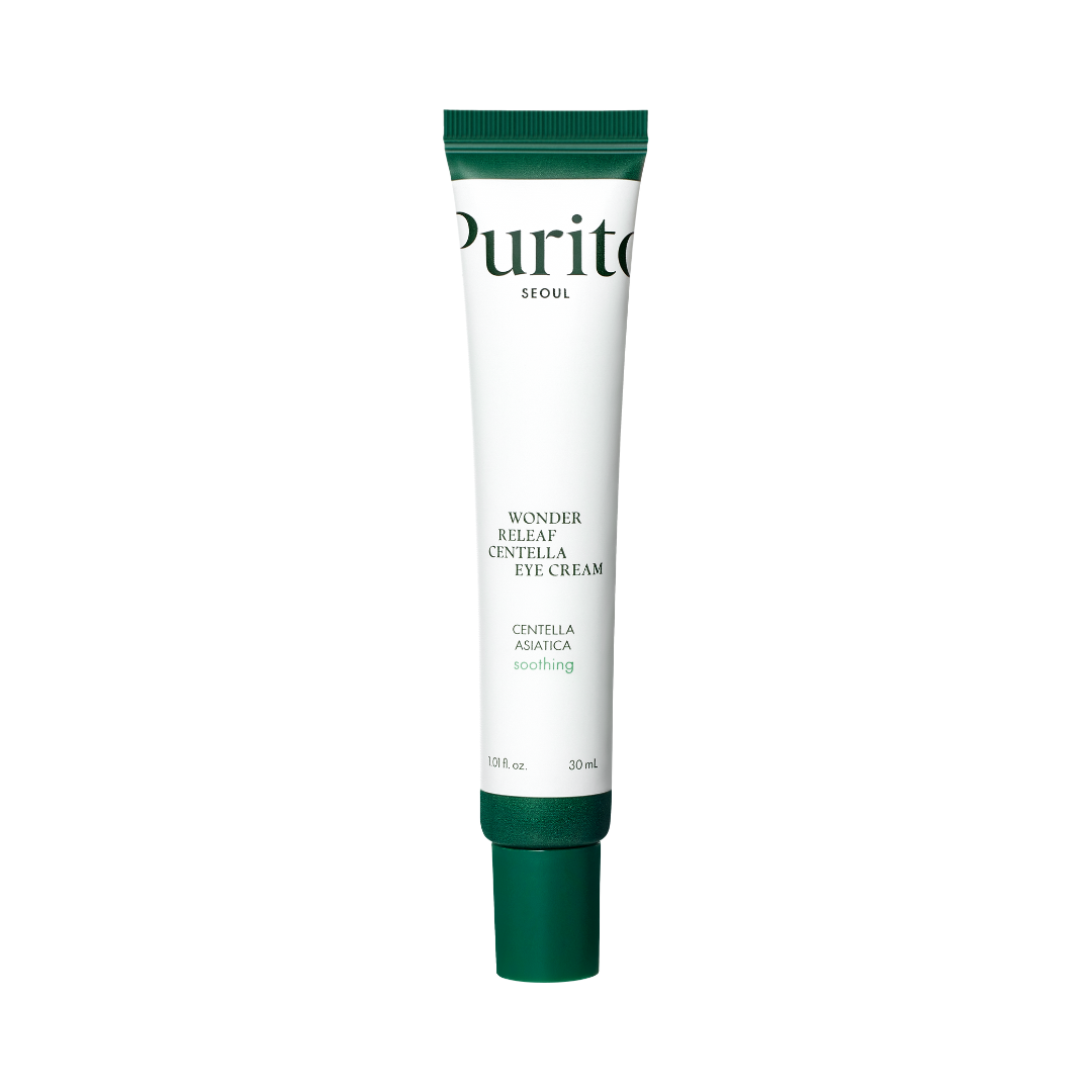 Hvid tube med grøn hætte, mærket "Purito SEOUL Wonder Releaf Centella Eye Cream."