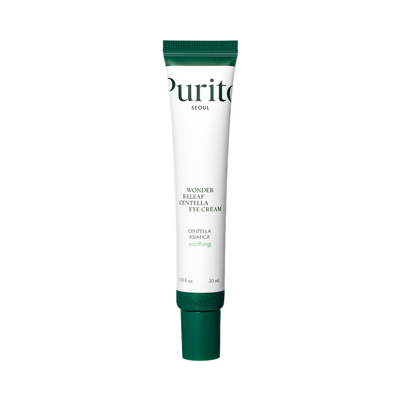 Hvid tube med grøn hætte, mærket "Purito SEOUL Wonder Releaf Centella Eye Cream."