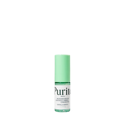 Flaske med mintgrønt låg og etikettekst: "Purito SEOUL Wonder Releaf Centella Serum Unscented".