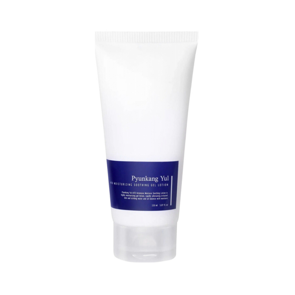 Hvid tube med blå etiket, mærket "Pyunkang Yul - ATO Moisturizing Soothing Gel Lotion".