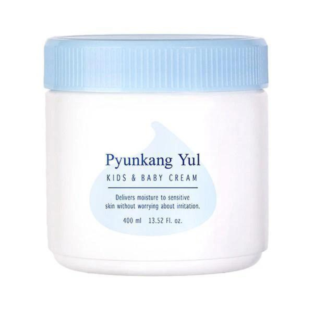 Hvid krukke med lyseblåt låg og etikette: Pyunkang Yul Kids & Baby Cream, 400 ml.