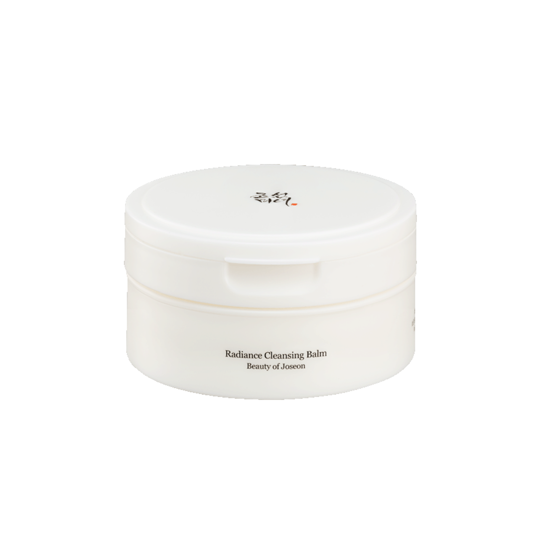 Rund, hvid beholder med teksten "Radiance Cleansing Balm" og "Beauty of Joseon" på siden.