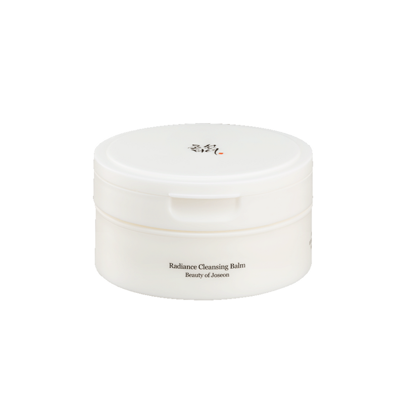 Rund, hvid beholder med teksten "Radiance Cleansing Balm" og "Beauty of Joseon" på siden.