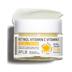 Krukke med APLB Retinol Vitamin C Vitamin E ansigtscreme, 55ml, ingredienser og effekter angivet.