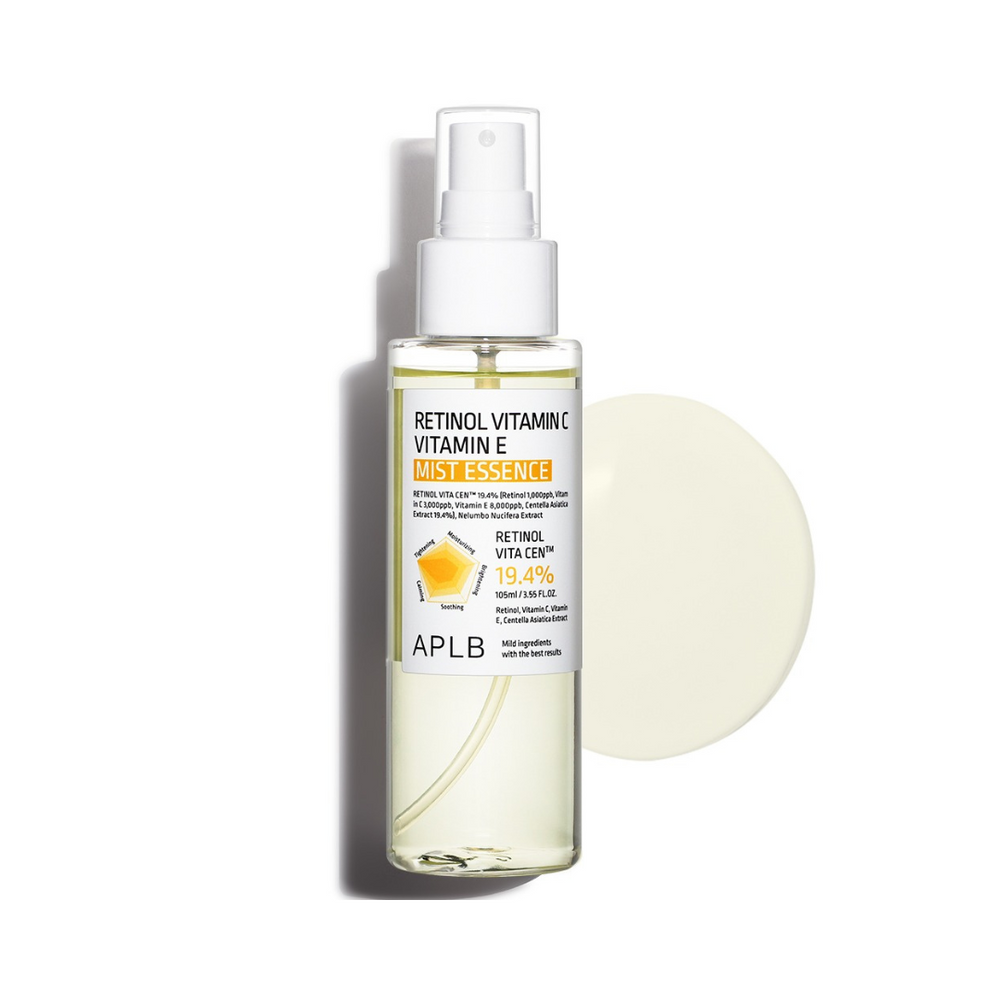 Sprayflaske med APLB Retinol Vitamin C og E Mist Essence, lys gul væske indeni.
