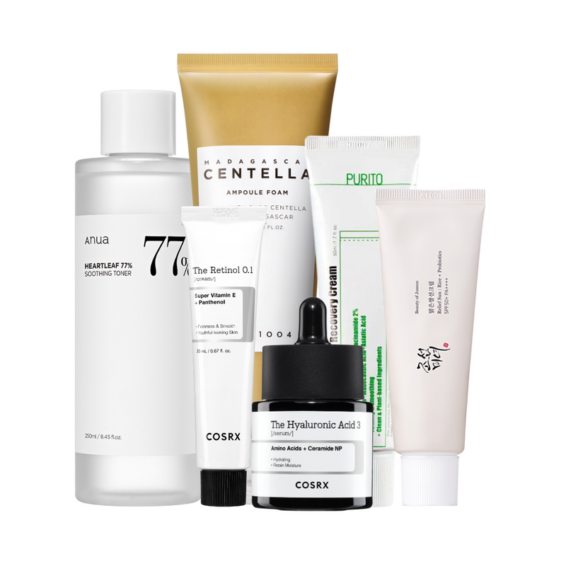 Skønhedsprodukter: toner, retinol, hyaluronsyre, og cremer fra forskellige mærker.