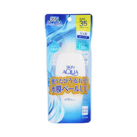 Blå og hvid pakke med Skin Aqua UV Moisture Gel SPF35 PA++++, tekst på engelsk og japansk.