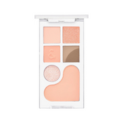 Makeup-palette med seks nuancer: fersken, abrikos, beige, glitter og stor hjerteformet skygge.