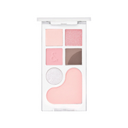 Makeup-palette med seks nuancer: lyserød, glitrende pink, mat pink, taupe, sølv, hjerteformet lyserød.