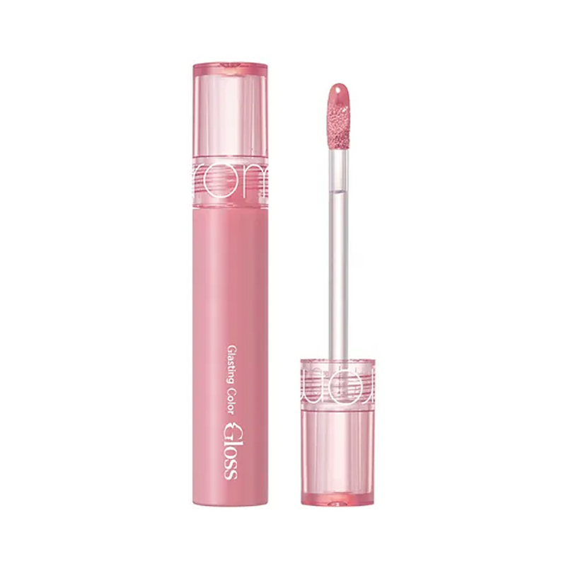 Pink lipgloss med applikator, mærket Rom&nd Glasting Color Gloss i farven Peony Ballet.