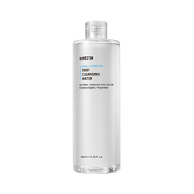 Klar flaske med Rovectin Aqua Deep Cleansing Water, 400 ml. Ingredienser: Havvand, Hyaluronsyre.