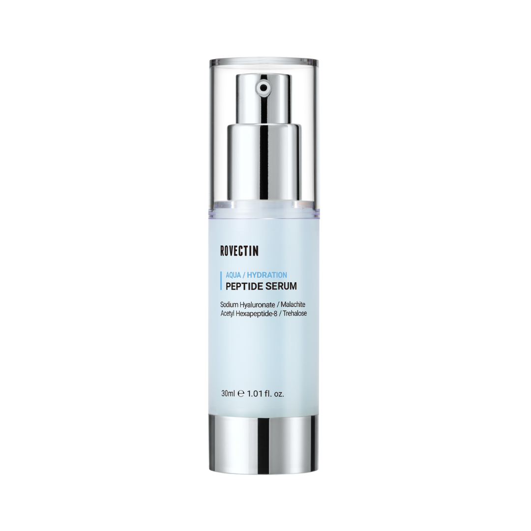 Flaske med Rovectin Aqua Peptide Serum, blå nuance, pumpe, ingredienser og volumen angivet.