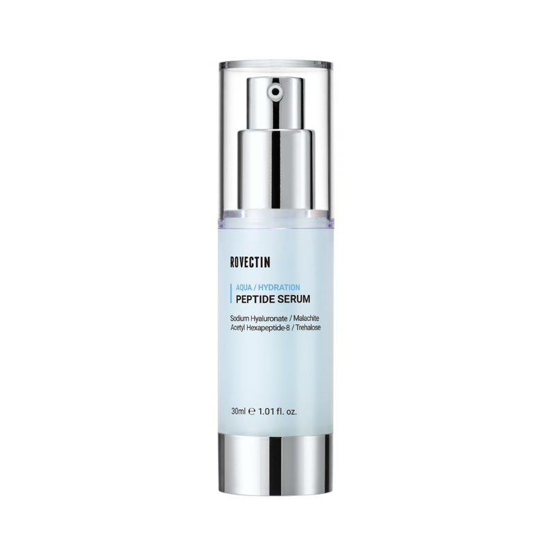 Flaske med Rovectin Aqua Peptide Serum, blå nuance, pumpe, ingredienser og volumen angivet.