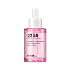 Pink flaske med hvid pipette, mærket "Cica Care Clearing Ampoule", 30 ml Rovectin.