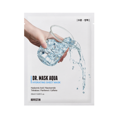 Hånd hælder vand fra kande, tekst "Dr. Mask Aqua", ingredienser: hyaluronsyre, niacinamid.