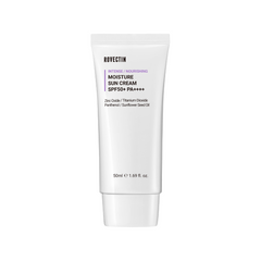 Hvid tube med tekst: Rovectin Intense Moisture Sun Cream SPF 50+ PA++++, 50ml, ingredienser nævnt.