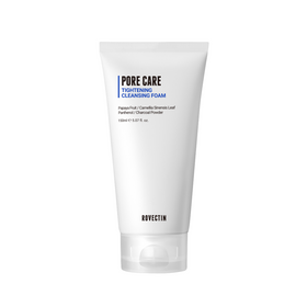 Hvid tube med Rovectin Pore Care Tightening Cleansing Foam, 150 ml, med ingredienser nævnt.