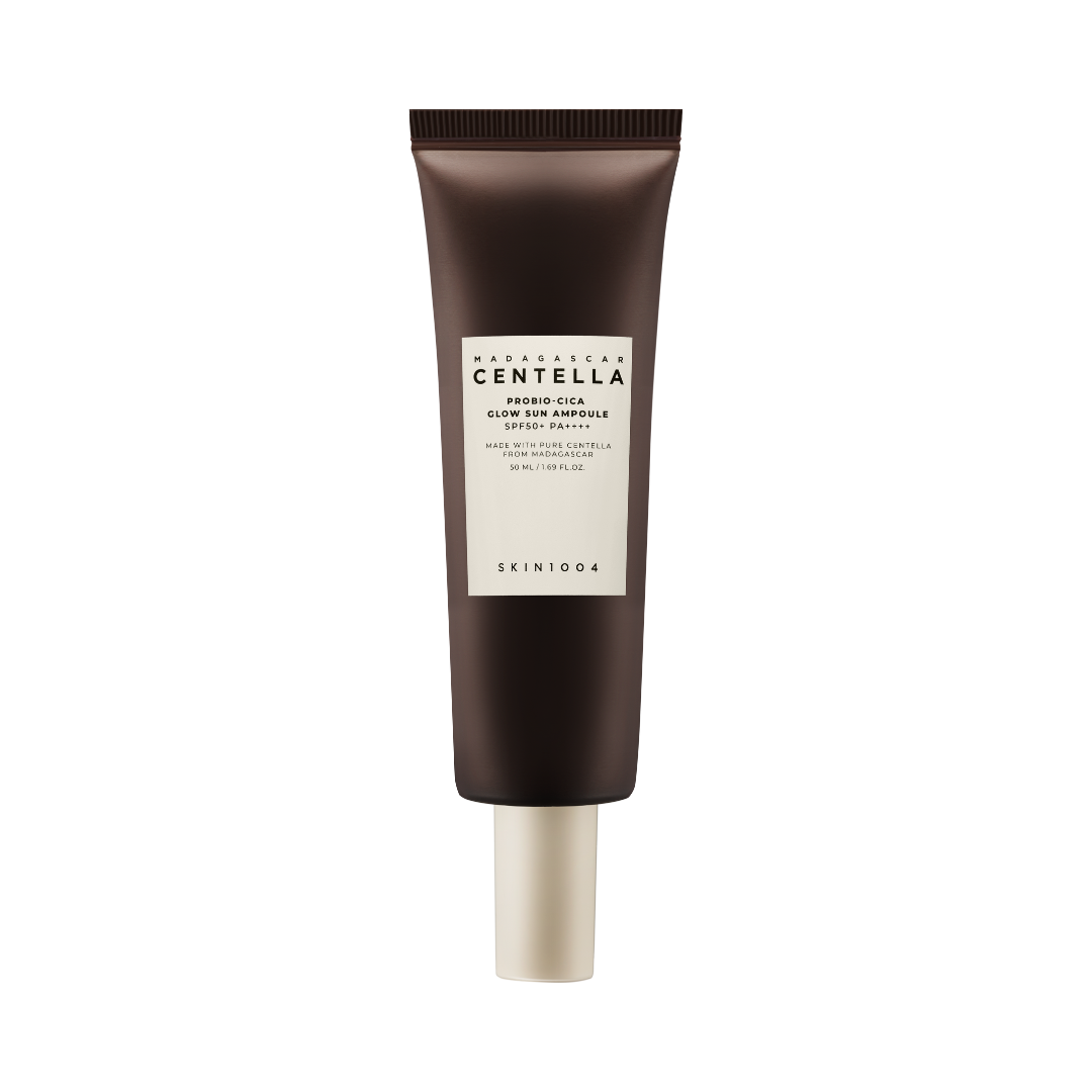 Brun tube med cremefarvet etiket, SKIN1004 Centella Probio-cica Glow Sun Ampoule, 50 ml.