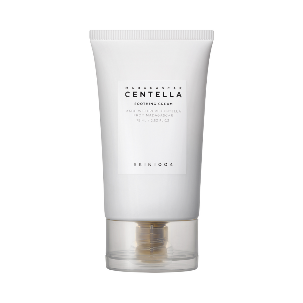 Hvid tube med SKIN1004 Madagascar Centella Soothing Cream, 75 ml, på en ren baggrund.