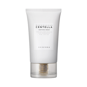 Hvid tube med SKIN1004 Madagascar Centella Soothing Cream, 75 ml, på en ren baggrund.