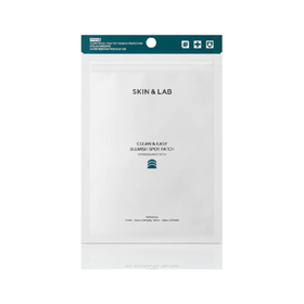 Hvid pakke med "SKIN & LAB" og "Clean & Easy Blemish Spot Patch," samt ikoner for beskyttelse.