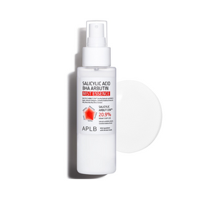 Hvid sprayflaske med label "Salicylic Acid BHA Arbutin Mist Essence" og gennemsigtigt låg.