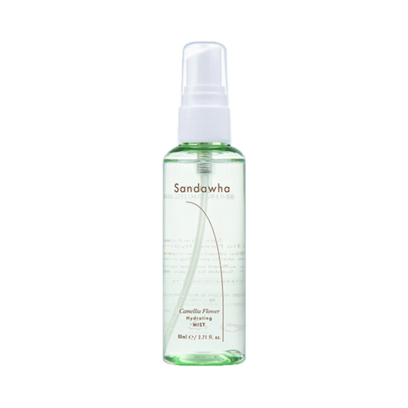 Klar sprayflaske med hvid pumpe, mærket "Sandawha Camellia Flower Hydrating Mist".
