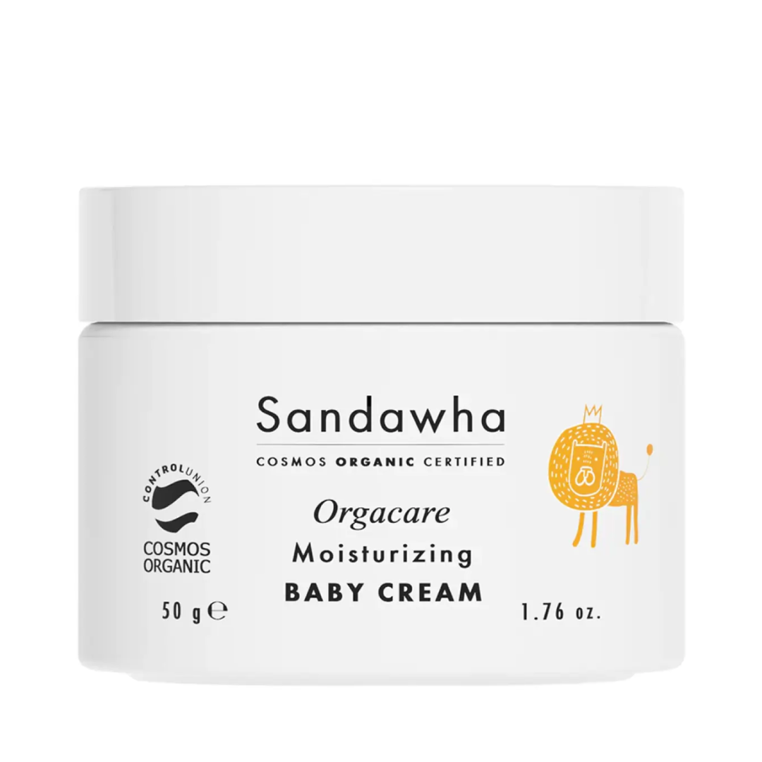 Hvid krukke med Sandawha Orgacare Moisturizing Baby Cream, økologisk certificeret, 50g.